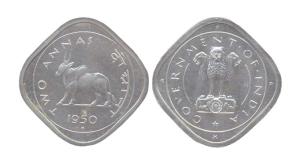 2 Annas, Bull walking to left on rev type, 1950. Proof, Rare.