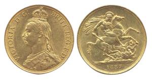 Great Britain, Queen Victoria, Gold 2 Pounds, 1887, 16 g. Jubilee Bust, rev. St. George sl