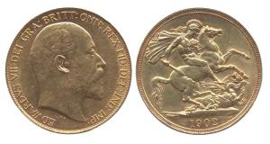 Great Britain, Edward VII, Gold 2 Pounds, 1902, 16 g. Bare head, rev. St. George slaying d