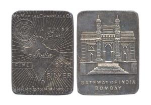 Silver Bar, Manilal Chimanlal Silver Bar of 5 Tolas, Gate way of India, pre-1947 issue. Ve