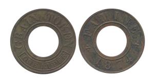 Famine Grain Token, Brass, Rupee of 1874. About Extremely Fine. Very Rare