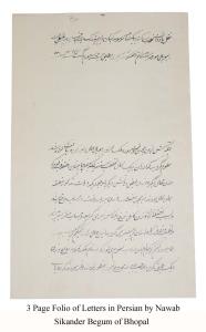 3 Page folio of Letters in Persian by Nawab Sikander Begum of Bhopal to Captain William Fr