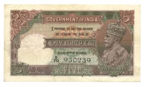 British India, George V, Rupees 5, 2nd issue, 1933, signed J. W. Kelly, (variant of Jhun# 
