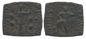 Indo-Scythians, Azes, Copper, 10.56 g, square, Greek God Poseidon standing to front holdin