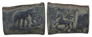 Taxila, 2nd century BC, Copper, 13.35 g, an elephant walking to right on obv; a galloping 