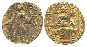 Later Kushanas, Ska, Gold, Dinar, king standing to left on obv, a goddess seated on a thro