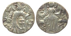 Kidara Kushanas, Base Gold, Dinar, Kashmir region, king standing on obv, goddess seated on