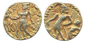 Guptas, Chandragupta II, Gold, Dinar, Chhatra type, with a dwarf holding a chhatra (a Roya