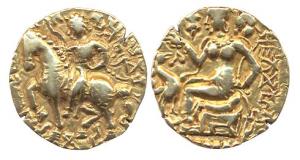 Guptas, Chandragupta II, Gold, Dinar, Horseman type, king riding a horse to left, around B