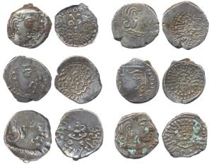 Guptas, Kumaragupta I, Silver (6), Karshapana, Western India style, peacock on rev and bus