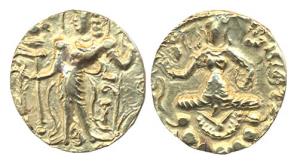 Guptas, Narasimhagupta, Gold, Heavy Dinar, 9.44 g, king standing with a standard on obv, G