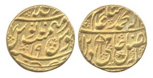 Shah Alam II, Gold, Mohur, Shahjahanabad Mint, RY 19, umbrella as a mint mark on obv. Very