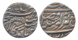 Amritsar Mint, Silver, Rupee, VS 1862, Mora type, a fish to right on rev, in the name of G