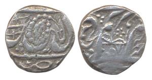 Derajat, Silver, Rupee, crude leaf on obv, VS 1896 (KM 120.2). Fine+, Rare.