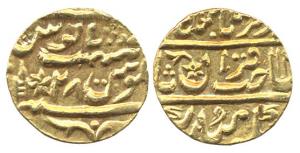 Bharatpur Mint, Gold, Mohur, in the name of Muhammad Akbar II, sahib qiran type, RY 28 (KM