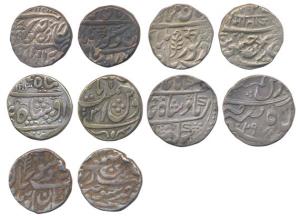 Assorted lot of Silver (5), Rupee, various rulers, dates and varieties. Fine+ to Very Fine