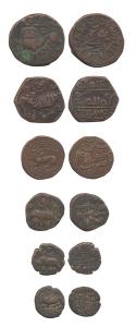 Copper (6), Set of Shardula type coins, 5, 10 and 20 Cash; Elephant type, 5, 10 and 20 Cas