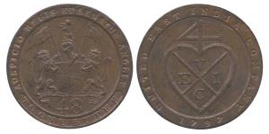 Copper, 1/48 Rupee, or Dub, arms on obv and bale mark on rev (KM# 398). About Extremely Fi