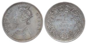 Victoria Queen, Silver, Rupee, 1862-Dot Variety, Bombay Mint, 11 Dots on rev. Fine+, Rare.
