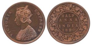 Victoria Empress, Copper, ½ Anna, 1890. Restrike Proof, Very Rare.