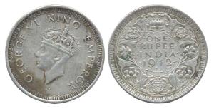 George VI, Silver, Rupee, 1942, Bombay Mint, straight milling. About Very Fine, Very Rare.