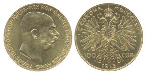 Austria, Gold, 100 Corora, 33.87 g, 1915 (KM 2819). UNC.