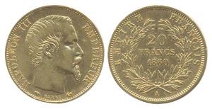 France, Napoleon III, Gold, 6.4 g, 20 Francs, 1860A (KM 781.1). About Extremely Fine.