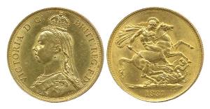 Great Britain, Victoria, Gold, 2 Pounds (16 g), 1887. About UNC.