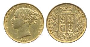 Great Britain, Victoria, Gold, Sovereign, 1877, shield on rev. Very Fine.