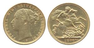 Great Britain, Victoria, Gold, Sovereign, 1876, young head type. Very Fine+