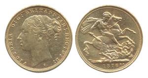 Great Britain, Victoria, Gold, Sovereign, 1876, young head type. Extremely Fine.
