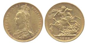 Great Britain, Victoria, Gold, 7.9 g, Sovereign, 1893M (KM 10). UNC.