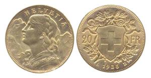 Switzerland, Gold, 6.45 g, 20 Francs, LB 1935 (KM 35.1). About UNC.