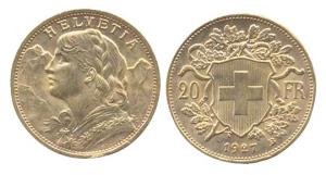 Switzerland, Gold, 6.45 g, 20 Francs, 1927B (KM 35.1). UNC.