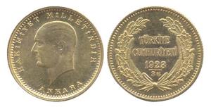 Turkey, Gold, 7.21 g, 100 Kurush, head of Kemal Ataturk on obv (KM 855). UNC.