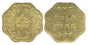 HM Mint Bombay, Gold, 1 Tola (11.68 g), pre-1947 issue of the mint, .996 Fineness. About U