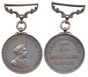 Baroda, Meritorious Service Medal (Military), Silver, profile portrait of H. H. Maharaja P