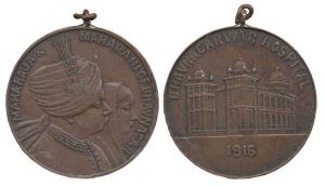 Bhavnagar War Hospital Medal, 1916, Copper, profile portrait of Maharaja and Maharani of B