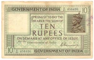 George V, Rupees 10, 1st issue, 1925, signed H. Denning, (variant of Jhun #6B.1). Prefix '
