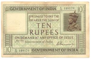 George V, Rupees 10, 1st issue, 1925, signed H. Denning, (variant of Jhun #6B.1). Prefix '