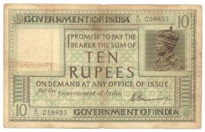 George V, Rupees 10, 1st issue, 1925, signed H. Denning, (variant of Jhun #6B.1). Prefix '