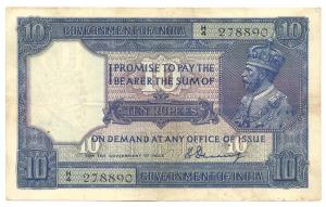 George V, Rupees 10, 2nd issue, 1925, signed H. Denning, (Jhun #7.1). Light staining on th