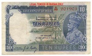 Burma, George V, Rupees 10, 3rd issue, 1933, signed J. W. Kelly, LEGAL TENDER IN BURMA ONL