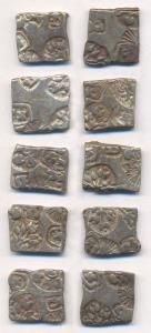 Punch-marked Coins, Post-Maurya Vidarbha Region, c. 150 BC, Silver (10), Karshapana, five-