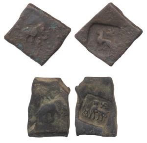 Taxila, 2nd century BC, Copper (2), anonymous, tiger to left on obv, elephant to right on 