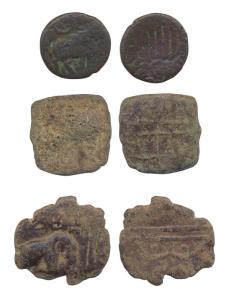 Ancient South, Copper (3), Chera, elephant type on obv, bow and arrow on rev (2); Chola, s