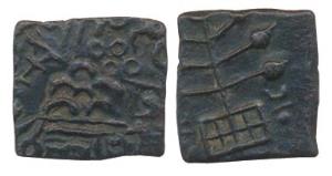 Satavahanas, Satakarni I, Copper, 2.10 g, Brahmi legend around 6-arched hill on obv, tree-