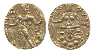 Guptas, Chandragupta II, Gold, Dinar, Archer type, king with a bow and arrow on obv and Go