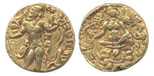 Guptas, Chandragupta II, Gold, Dinar, Archer type with the king looking at the right side 