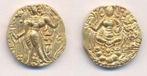 Guptas, Narsimhagupta, Gold, Dinar, Standard type, king standing holding a Standard in lef